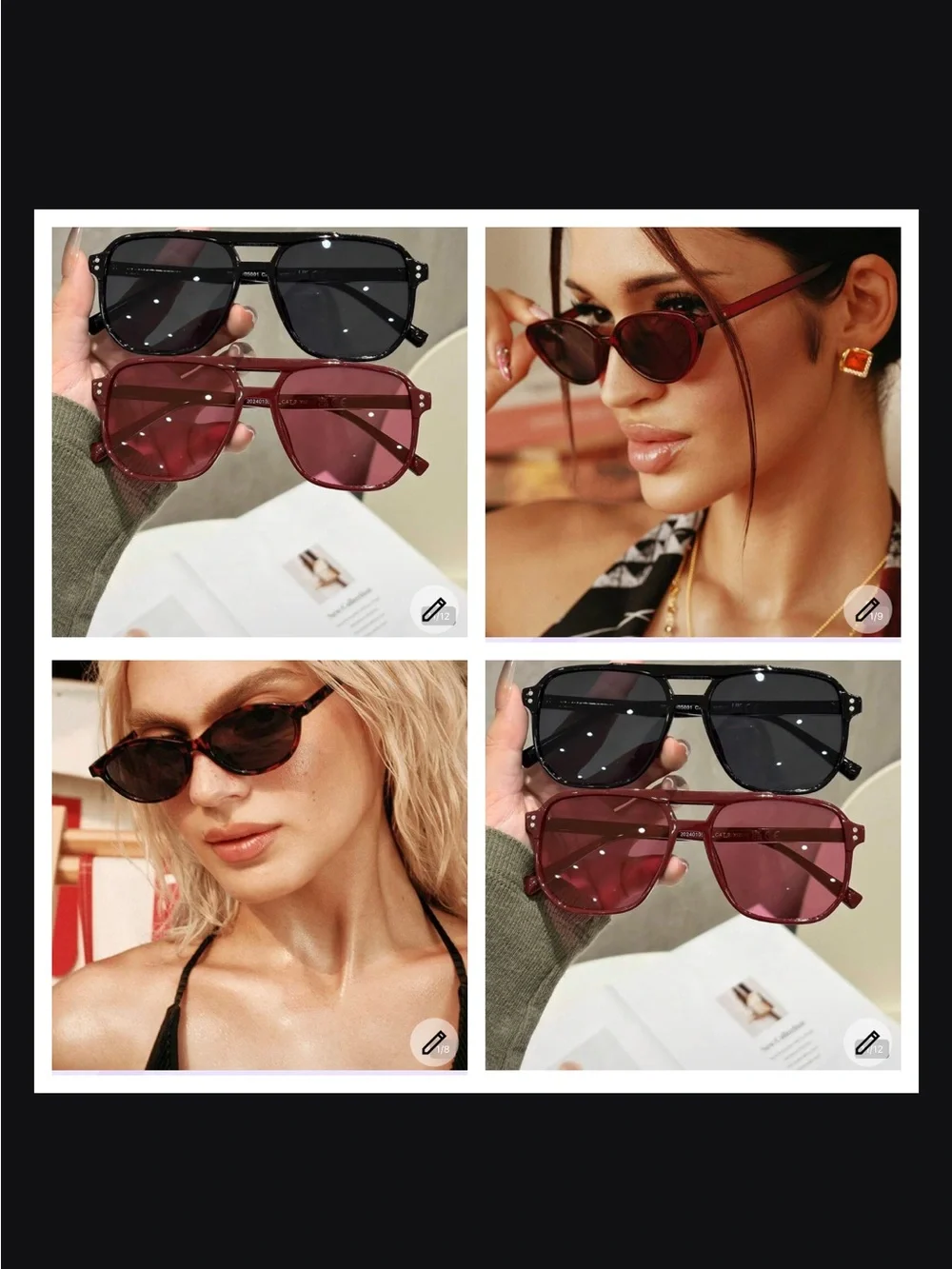 4 pair bundle NWT Stylish Women's Square Sunglasses - Black & Burgundy